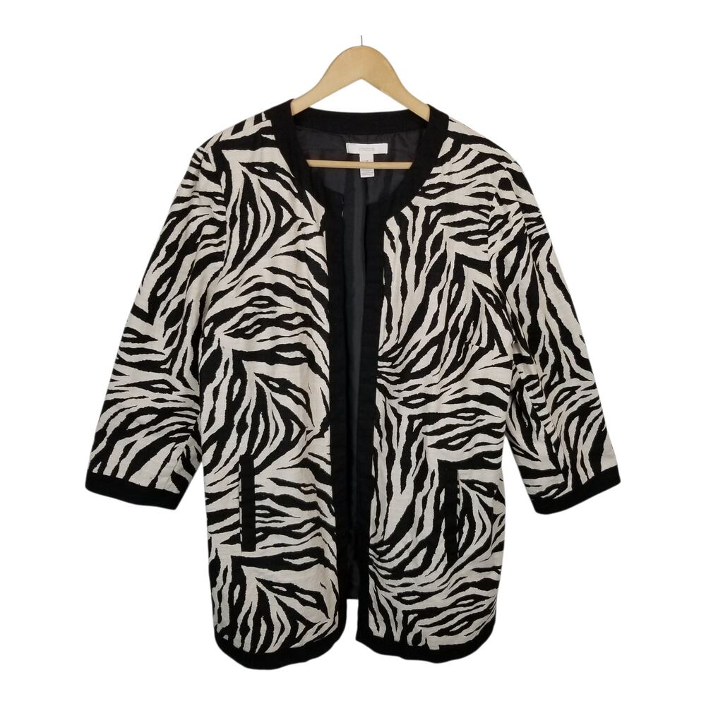 Chico's Women's Black White Open Front Jacket Zebra Print Size XL / 16
